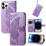 For iPhone 14 Pro Butterfly Embossing Leather Case(Light Purple)