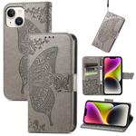 For iPhone 14 Butterfly Embossing Leather Case (Grey)