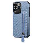 For iPhone 14 Pro Max Carbon Fiber Vertical Flip Zipper Phone Case (Blue)