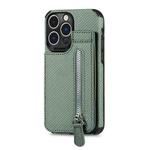 For iPhone 14 Pro Max Carbon Fiber Vertical Flip Zipper Phone Case (Green)