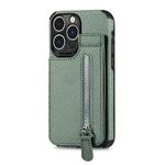 For iPhone 14 Pro Carbon Fiber Vertical Flip Zipper Phone Case(Green)