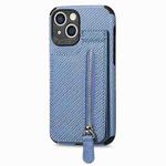 For iPhone 14 Plus Carbon Fiber Vertical Flip Zipper Phone Case (Blue)