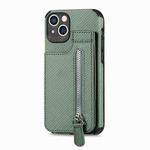 For iPhone 14 Plus Carbon Fiber Vertical Flip Zipper Phone Case (Green)