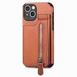 For iPhone 14 Carbon Fiber Vertical Flip Zipper Phone Case (Brown)