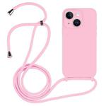 For iPhone 14 Plus Crossbody Lanyard Liquid Silicone Case(Pink)