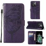 For OnePlus 10T 5G Global Embossed Butterfly Flip Leather Phone Case(Dark Purple)