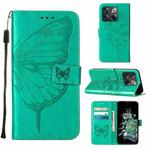 For OnePlus 10T 5G Global Embossed Butterfly Flip Leather Phone Case(Green)