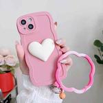 For iPhone 14 Plus Wave Edge Heart Silicone Phone Case with Wristband(Pink)