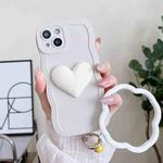 For iPhone 14 Plus Wave Edge Heart Silicone Phone Case with Wristband(White)