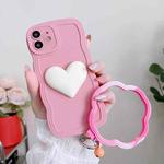 For iPhone 12 Wave Edge Heart Silicone Phone Case with Wristband(Pink)