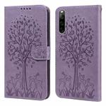 For Sony Xperia 10 IV Tree & Deer Pattern Pressed Flip Leather Phone Case(Purple)