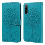 For Sony Xperia 10 IV Tree & Deer Pattern Pressed Flip Leather Phone Case(Blue)