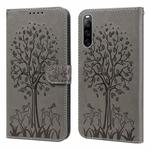 For Sony Xperia 10 IV Tree & Deer Pattern Pressed Flip Leather Phone Case(Grey)