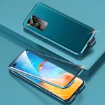 For Huawei P40 Shockproof Magnetic Attraction Leather Backboard + Tempered Glass Case with Camera Lens Protector Cover(Cyan-blue)