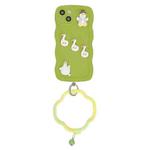 For iPhone 14 Wave Edge Duck Silicone Phone Case with Wristband(Green Small Bell)