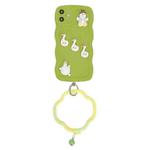 For iPhone 12 Wave Edge Duck Silicone Phone Case with Wristband(Green Small Bell)