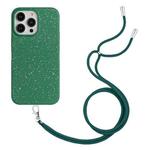 For iPhone 14 Pro Max Wheat Straw Material Degradable TPU Phone Case with Lanyard(Dark Green)