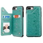 For iPhone 7 Plus / 8 Plus Six Cats Embossing Pattern Protective Case with Holder & Card Slots & Photo Frame(Green)