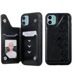 For iPhone 11 Six Cats Embossing Pattern Protective Case with Holder & Card Slots & Photo Frame(Black)