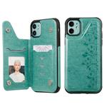 For iPhone 11 Six Cats Embossing Pattern Protective Case with Holder & Card Slots & Photo Frame(Green)