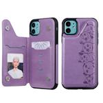 For iPhone 11 Six Cats Embossing Pattern Protective Case with Holder & Card Slots & Photo Frame(Purple)