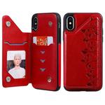 For iPhone X Six Cats Embossing Pattern Protective Case with Holder & Card Slots & Photo Frame(Red)
