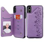 For iPhone X Six Cats Embossing Pattern Protective Case with Holder & Card Slots & Photo Frame(Purple)