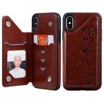 For iPhone X Six Cats Embossing Pattern Protective Case with Holder & Card Slots & Photo Frame(Brown)