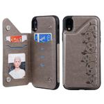 For iPhone XR Six Cats Embossing Pattern Protective Case with Holder & Card Slots & Photo Frame(Grey)