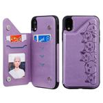 For iPhone XR Six Cats Embossing Pattern Protective Case with Holder & Card Slots & Photo Frame(Purple)