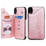 For iPhone XR Six Cats Embossing Pattern Protective Case with Holder & Card Slots & Photo Frame(Rose Gold)