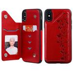 For iPhone XS Six Cats Embossing Pattern Protective Case with Holder & Card Slots & Photo Frame(Red)