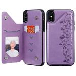 For iPhone XS Six Cats Embossing Pattern Protective Case with Holder & Card Slots & Photo Frame(Purple)