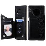 For Huawei Mate 30 Pro Six Cats Embossing Pattern Protective Case with Holder & Card Slots & Photo Frame(Black)