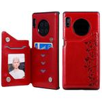 For Huawei Mate 30 Pro Six Cats Embossing Pattern Protective Case with Holder & Card Slots & Photo Frame(Red)