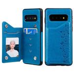 For Galaxy S10 Six Cats Embossing Pattern Protective Case with Holder & Card Slots & Photo Frame(Blue)