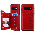 For Galaxy S10 Six Cats Embossing Pattern Protective Case with Holder & Card Slots & Photo Frame(Red)