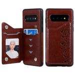 For Galaxy S10 Six Cats Embossing Pattern Protective Case with Holder & Card Slots & Photo Frame(Brown)