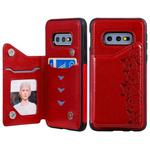 For Galaxy S10e Six Cats Embossing Pattern Protective Case with Holder & Card Slots & Photo Frame(Red)