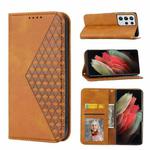For Samsung Galaxy S21 Ultra 5G Cubic Grid Calf Texture Magnetic Closure Leather Phone Case(Yellow)