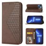 For iPhone 14 Plus Cubic Grid Calf Texture Magnetic Closure Leather Phone Case(Brown)
