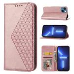 For iPhone 14 Plus Cubic Grid Calf Texture Magnetic Closure Leather Phone Case(Rose Gold)