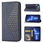 For iPhone 14 Plus Cubic Grid Calf Texture Magnetic Closure Leather Phone Case(Blue)