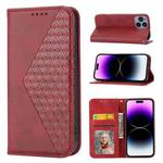For iPhone 14 Pro Cubic Grid Calf Texture Magnetic Closure Leather Phone Case(Red)