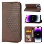 For iPhone 14 Pro Cubic Grid Calf Texture Magnetic Closure Leather Phone Case(Brown)