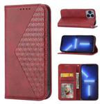 For iPhone 13 Cubic Grid Calf Texture Magnetic Closure Leather Phone Case(Red)
