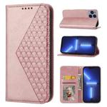 For iPhone 13 Pro Max Cubic Grid Calf Texture Magnetic Closure Leather Phone Case(Rose Gold)