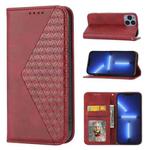 For iPhone 12 / 12 Pro Cubic Grid Calf Texture Magnetic Closure Leather Phone Case(Red)