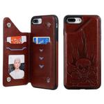 For iPhone 8 Plus / 7 Plus Skull Head Embossing Pattern Shockproof Protective Case with Holder & Card Slots & Wallet(Brown)