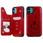 For iPhone 11 Skull Head Embossing Pattern Shockproof Protective Case with Holder & Card Slots & Wallet(Red)